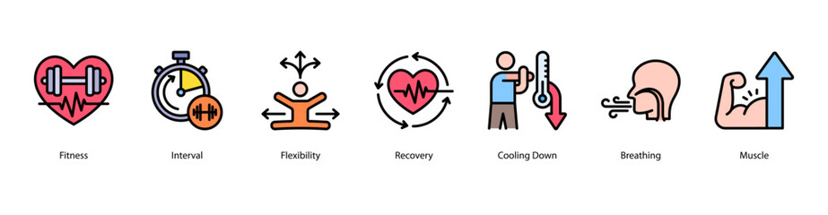 Training recovery web banner icon vector illustration featuring fitness interval, flexibility, post-workout recovery, cooling down, breathing techniques, muscle growth, and deadlift movement.
