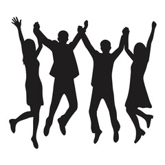 Dynamic Silhouette Celebration Four Figures Leaping with Joyful Abandon Representing Unity Success and Shared Enthusiasm in a Monochromatic Design