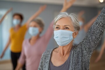 Face Mask Gym. Pilates and Yoga for Mature Women with Social Distancing and Virus Protection
