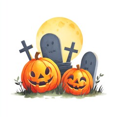 Spooky Halloween Pumpkins and Gravestones under the Full Moon