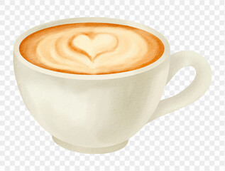 Watercolor latte coffee cup with heart foam vector.