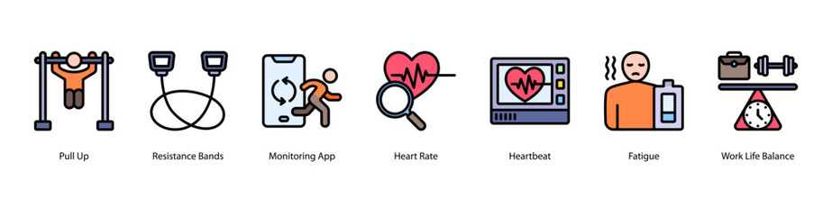 Fototapeta premium Wellness lifestyle web banner icon vector illustration with fitness app, heart rate tracking, heartbeat monitor, fatigue awareness, and balance between work and active life.