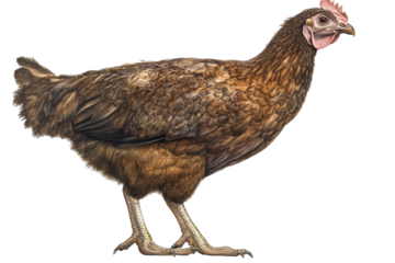 Brown hen standing profile isolated on transparent background. Full body of brown chicken hen standing isolated white background.