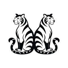 Two majestic tigers sitting back to back with curving tails in a dynamic pose