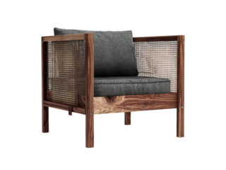 Modern walnut wood armchair with cane detailing and gray fabric cushions, Isolated On White Background, Png Transparent