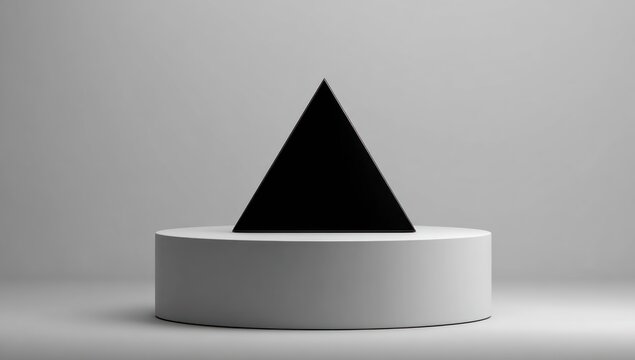 Minimalist composition with a black triangular pyramid resting on a white cylindrical pedestal. Soft, diffused lighting enhances the shapes. Simple yet striking contrast