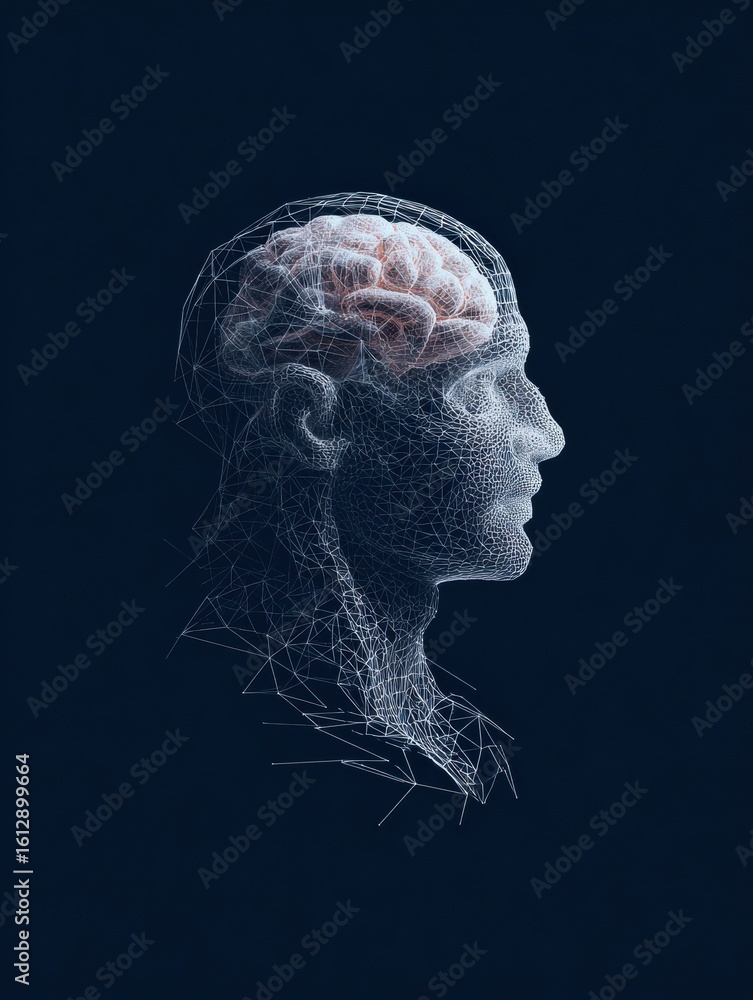 Poster minimal wireframe head design with brain region highlighted on a dark background for educational and