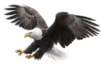Bald eagle swoops down for landing with powerful wings outstretched in an impressive display of agility and strength during a hunting moment