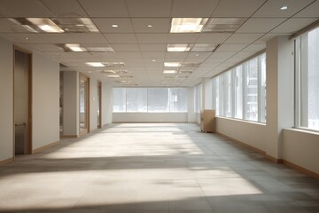 Modern empty office space featuring large windows and natural lighting in a sleek design ideal for a workspace environment