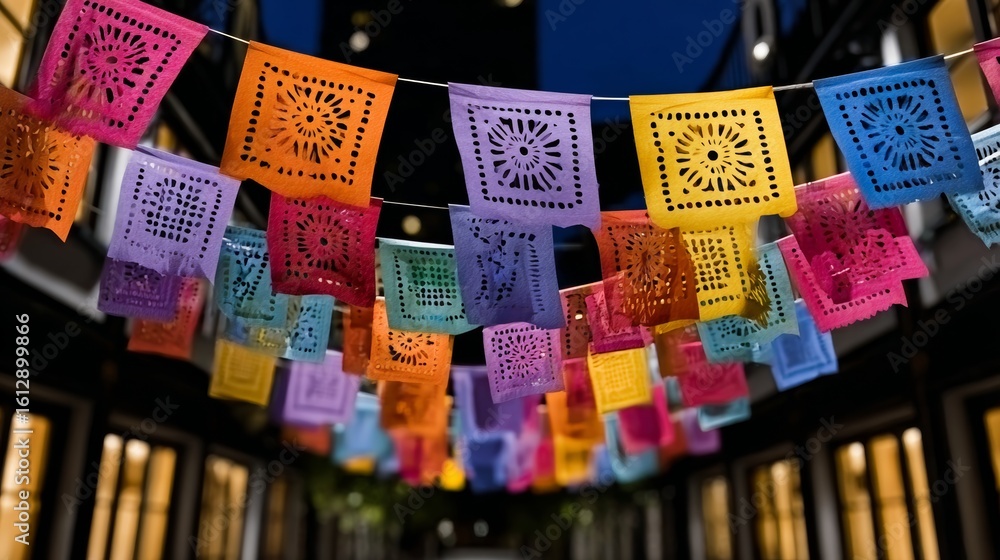Poster colorful string of paper lanterns hang from the ceiling. the lanterns are in various colors and size