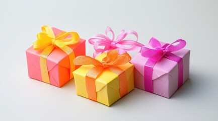 Obraz premium Three small gift boxes, vibrant colors, pastel hues, tied with ribbons, arranged horizontally on a white background