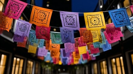 Colorful string of paper lanterns hang from the ceiling. The lanterns are in various colors and sizes, creating a festive and lively atmosphere