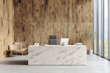 Modern office with marble desk, wood wall, and city view