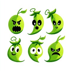 Set of Six Cute Green Plant Characters with Different Emotions