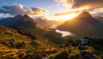 Majestic Scottish Highlands Sunset Mountains with Lakes, Golden Light, and Scenic Landscape.