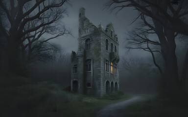 Mysterious Ancient Castle Ruins in a Dark Forest with a Single Light