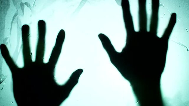 Silhouetted hands with outstretched fingers press against a foggy, dimly lit surface, creating a sense of mystery 4k video