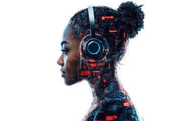Young woman with futuristic cybernetic head and neck isolated on transparent background. Futuristic woman with a digital headset blending technology on white background