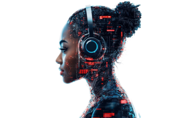 Young woman with futuristic cybernetic head and neck isolated on transparent background. Futuristic woman with a digital headset blending technology on white background