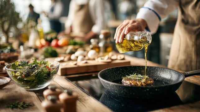 Chef pouring olive oil on steak in pan cooking class