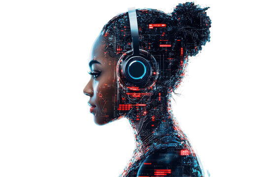 Young woman with futuristic cybernetic head and neck isolated on transparent background. Futuristic woman with a digital headset blending technology on white background