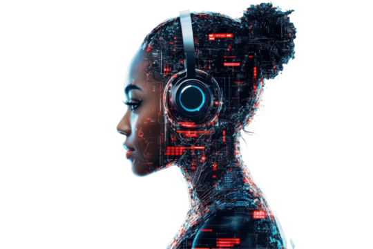 Young woman with futuristic cybernetic head and neck isolated on transparent background. Futuristic woman with a digital headset blending technology on white background