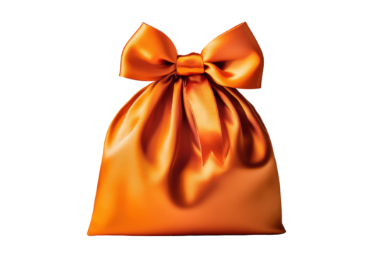 Orange satin gift bag with bow isolated on transparent background. Gift silk pouch with orange bow isolated on white background. - Powered by Adobe