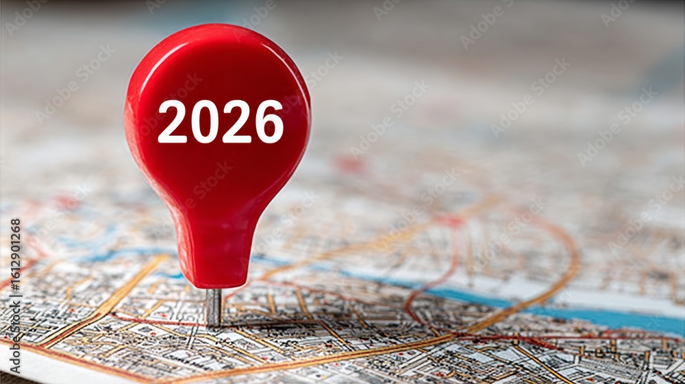 Poster red pin is on a map with the year 2016 written below it. concept of importance and significance, as 