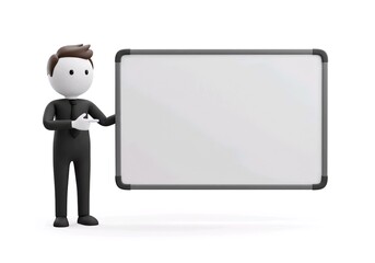 stickman Accountant holding and pointing a big blank whiteboard, cartoon 3D illustration, isolated on white background