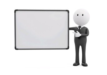 stickman Accountant holding and pointing a big blank whiteboard, cartoon 3D illustration, isolated on white background