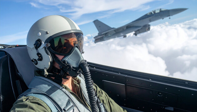 A pilot in the cockpit of a fighter jet, ready for takeoff, with another jet in the distance soaring in the sky