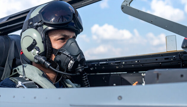 A confident pilot in a fighter jet cockpit, focused and ready for action. The pilot is wearing a helmet and oxygen mask