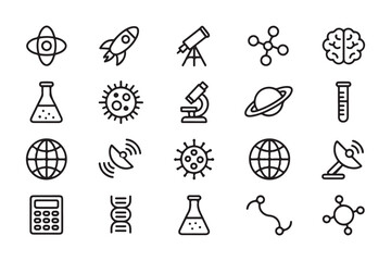 Fototapeta premium Science and Research Icon Set with Atomic Structure Rocket Telescope and Microbiology Symbols Detailed Vector Illustration
