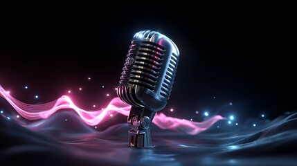 Live music performance studio setting digital art nighttime close-up sound waves and vintage microphone