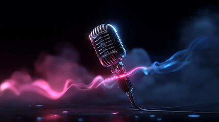 Live music performance stage digital art nighttime close-up energetic vibes with microphone