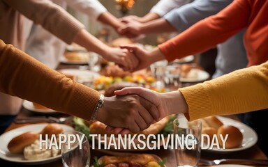 Diverse family holding hands in unity around a Thanksgiving dinner table