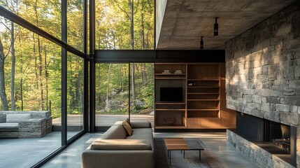Modern living room with large windows showcasing forest views. Stone walls and fireplace add warmth