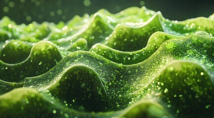 Close-up view of undulating, textured, green surface.  Speckles and water droplets are visible