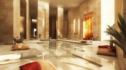 Luxurious spa interior with a reflective pool, pillars, and relaxation cushions