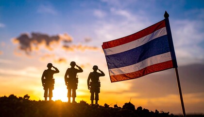Soldiers saluting a waving flag at sunset, symbolizing patriotism and service
