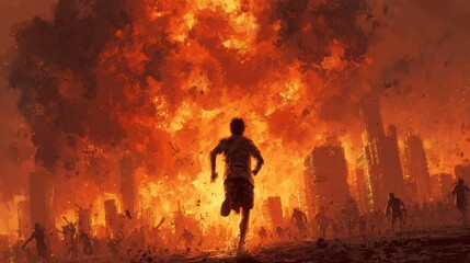 A young individual races through a devastated urban landscape as flames engulf skyscrapers and debris fills the air. The destruction signals chaos and danger all around.
