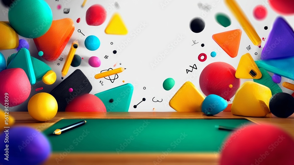 Poster colorful background with many shapes and numbers. the background is a mix of squares, triangles, and