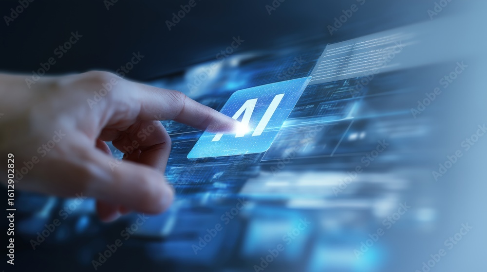 Poster a hand is pointing at a blue square with the letters ai on it. concept of technology and innovation,
