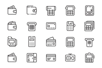 Set of Banking and Finance Outline Icons Featuring Wallets Credit Cards and Payment Terminals for Modern Business