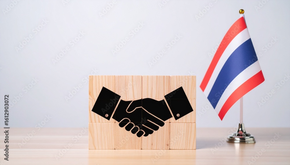 Poster a symbolic image representing agreement between two countries, showcasing a handshake and a flag