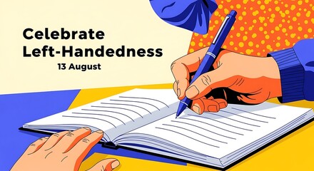 An illustrative image celebrating International Left-Handers Day on August 13th, featuring a left hand writing in an open notebook.