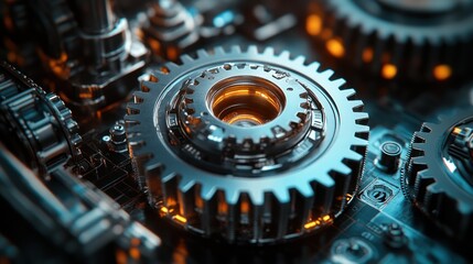 Close-up gears, intricate machine, futuristic technology, intricate design, industrial use