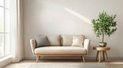 Light-filled living room with beige couch and potted plant