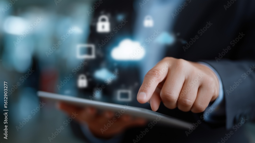 Poster a man is pointing at a tablet with a security icon on it. concept of technology and security, and th