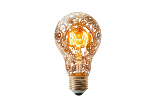 Intricate mechanical light bulb with glowing filament isolated on transparent background. Glowing light bulb with intricate gears inside isolated on white background.